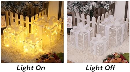 Christmas Lighted Gift Boxes Set of 3 – White Mesh Star Design, 60 LED Light-Up Present Boxes with 8 Flashing Modes, Indoor Outdoor Xmas Decorations by FYKEY