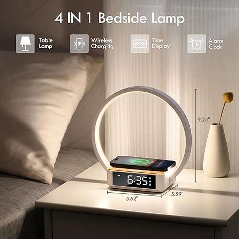Bedside Table Lamp with Alarm Clock & Wireless Charging – WILIT Touch LED Lamp, Wake-Up Light, 3-Level Dimmable Nightstand Reading Lamp for Bedroom & Office