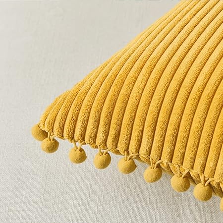 Fancy Homi 2-Pack Corduroy Pillow Covers with Pom-Poms – 18x18 Decorative Cushion Cases