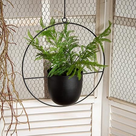 RISEON Boho Black Metal Plant Hanger – Modern Wall & Ceiling Hanging Planter, Mid-Century Indoor Outdoor Flower Pot Holder for Home Decor