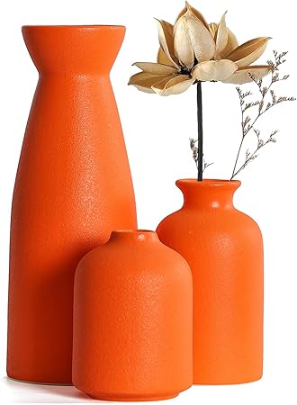 CEMABT Beige Ceramic Vase Set of 3 – Boho Farmhouse Small Decorative Vases for Dried Flowers & Pampas Grass