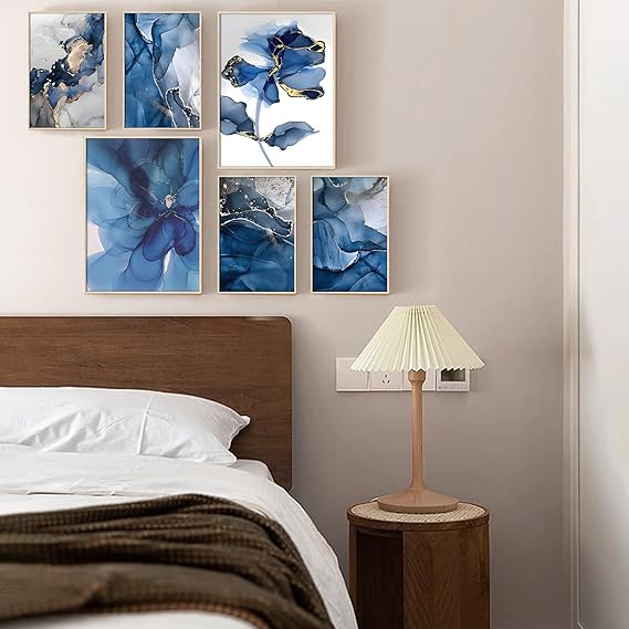 HONEYBABY Blue Floral Canvas Wall Art – Set of 6 Modern Framed Pictures for Living Room, Bedroom, Bathroom, Kitchen &amp; Office Décor
