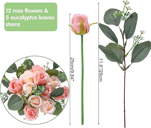Ageomet 17pcs Artificial Rose Flowers, 12 Silk Fake Flowers Rose and 5 Artificial Eucalyptus Leaves Stems in Bulk, for Home Bridal Wedding Party Festival Decor