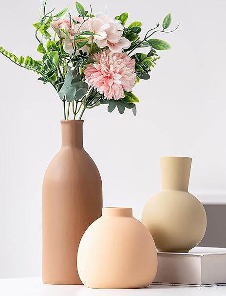 VASETOPIA Ceramic Flower Vase Set of 3 – Modern Boho Farmhouse Style (Grey/Black/Brown)