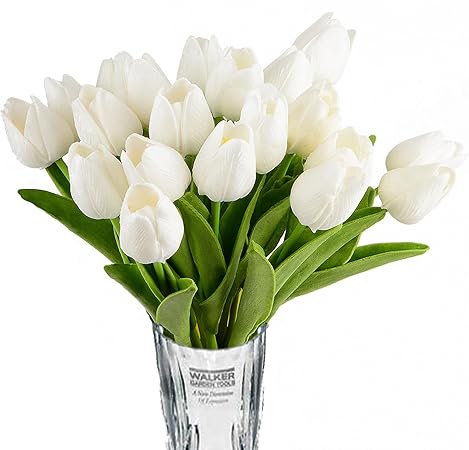 HoveBeaty Artificial Tulips Bouquet – Real Touch White PU Flowers (Pack of 20)