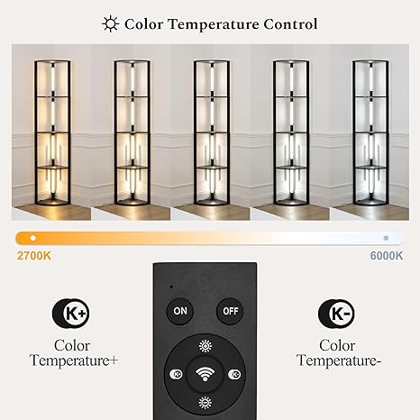 TUXOIUBA LED Corner Floor Lamp with 5-Tier Display Shelves – Modern Dimmable Storage Lamp (162cm, Black)