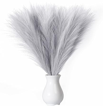 EVODIS Faux Pampas Grass 18” (45cm) – 6 Stems Fluffy Artificial Pampas for Home & Wedding Décor, Boho Chic Vase Filler (White)