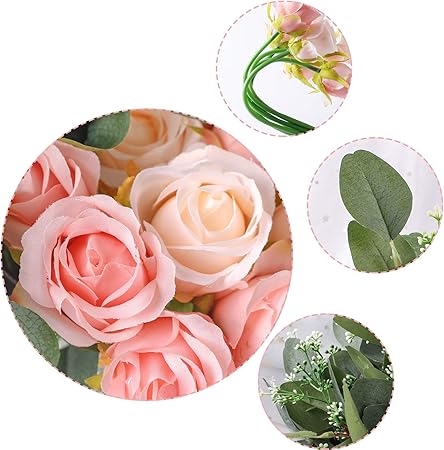 Ageomet 17pcs Artificial Rose Flowers, 12 Silk Fake Flowers Rose and 5 Artificial Eucalyptus Leaves Stems in Bulk, for Home Bridal Wedding Party Festival Decor
