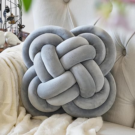 Xuyier Knot Pillow Ball – 12” Light Grey Velvet Decorative Throw Pillow, Soft Knotted Cushion for Couch, Bed &amp; Living Room Decor