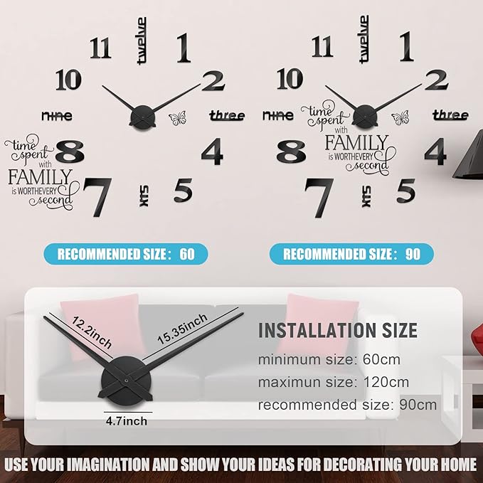 Junkin 3D Large Frameless DIY Wall Clock – Modern Family Quote Sticker Clock Kit (Adjustable Size, Black)