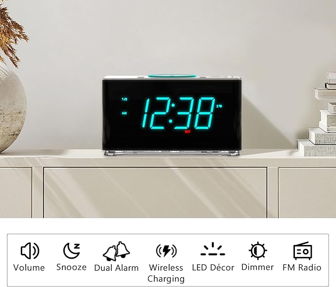 iTOMA CKS207 Alarm Clock Radio with 15W Wireless Charging, Bluetooth Speaker, Dual Alarm, Sleep Timer, Snooze, FM Radio, USB &amp; Type-C Ports, Cyan LED Display &amp; Night Light