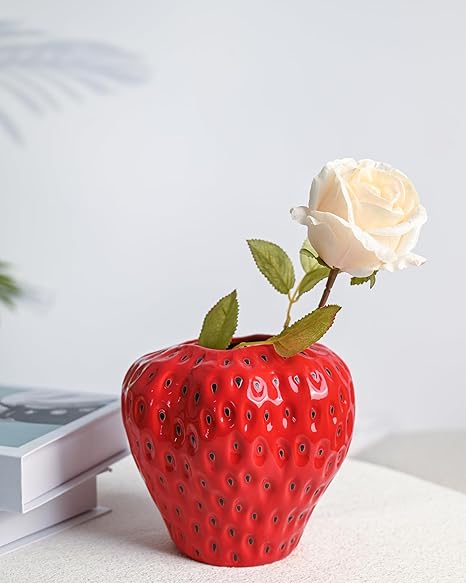 Red Strawberry Ceramic Vase – Cute 3D Fruit Home Décor Accent
