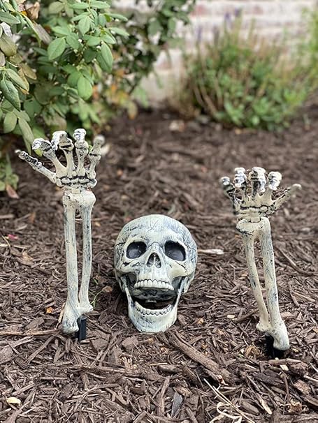 AISENO Realistic Skeleton Stakes – Creepy Halloween Lawn &amp; Garden Decorations | Skull and Hand Bone Yard Stakes for Spooky Graveyard Outdoor Display