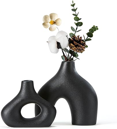 CEMABT Black Ceramic Donut Vase Set of 2 – Modern Matte Round Vases for Pampas Grass | Minimalist Boho Decorative Vases for Living Room, Dining Table &amp; Wedding Décor