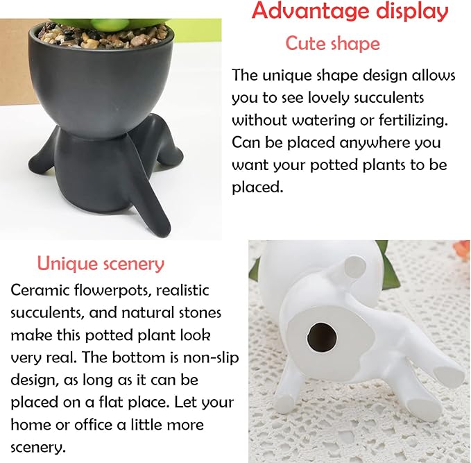 Paifeancodill 2 Pcs Artificial Succulent Plants – Mini Human-Shaped Black Ceramic Pots