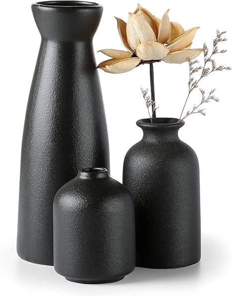 CEMABT Beige Ceramic Vase Set of 3 – Boho Farmhouse Small Decorative Vases for Dried Flowers & Pampas Grass