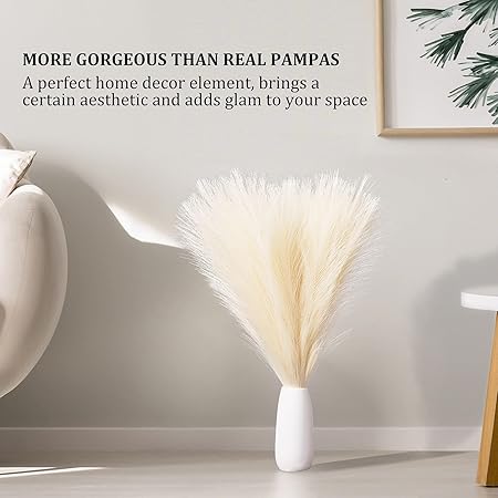 EVODIS Faux Pampas Grass 18” (45cm) – 6 Stems Fluffy Artificial Pampas for Home & Wedding Décor, Boho Chic Vase Filler (White)