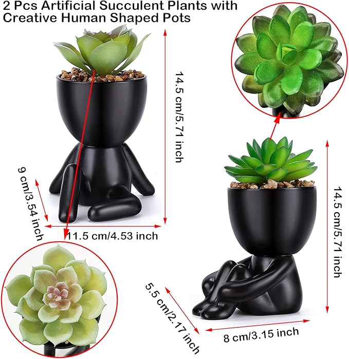 Paifeancodill 2 Pcs Artificial Succulent Plants – Mini Human-Shaped Black Ceramic Pots