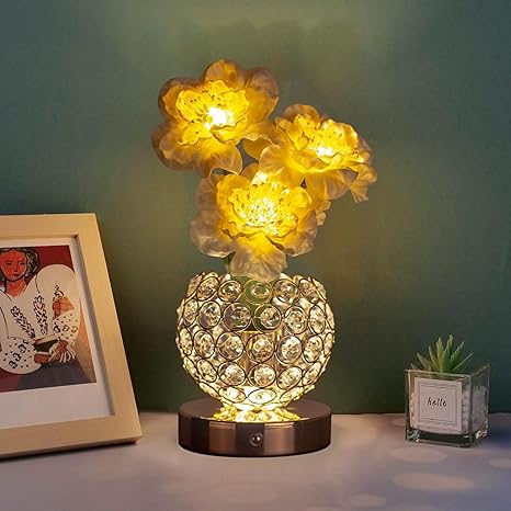 LISNSMY Crystal Camellia Table Lamp – 3-Color Dimmable Flower Light, USB Rechargeable Cordless Crystal Lamp for Bedroom, Living Room &amp; Gifts
