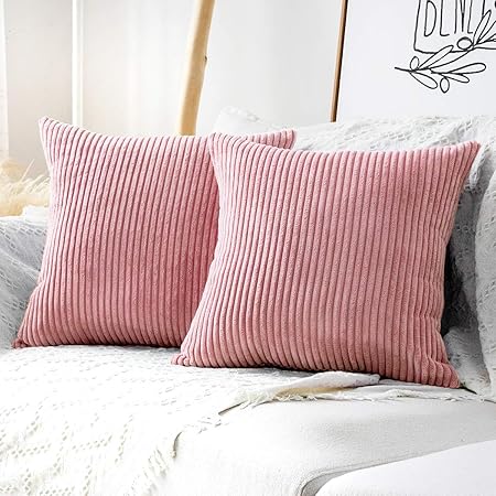 MUDILY Pack of 2 Pink Velvet Corduroy Pillow Covers – Soft Decorative Cushion Cases 18x18 Inch (45x45cm), Fluffy Square Throw Pillow Covers for Sofa, Bed, Car &amp; Living Room Décor