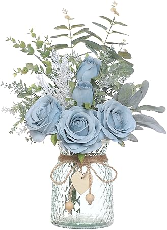 VIERENA Faux Flowers with Vase – White Artificial Silk Roses &amp; Eucalyptus Arrangement in Glass Vase with Heart Pendant, Rustic Farmhouse Home Décor Centerpiece