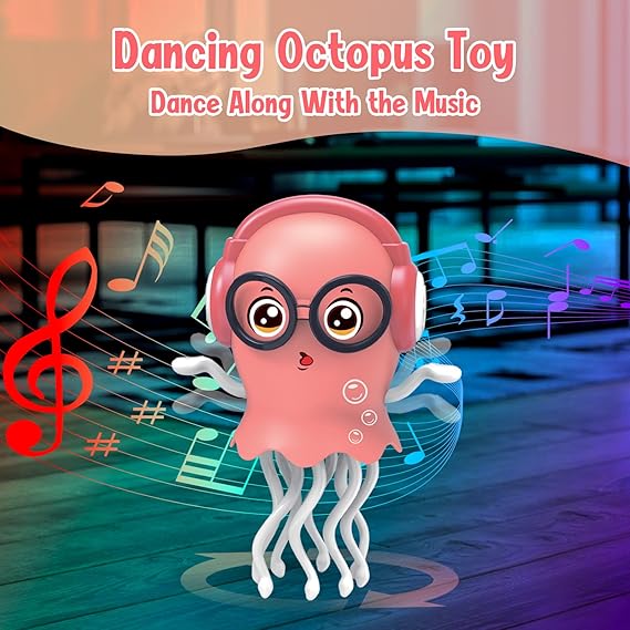 Magic Dancing Octopus Toy with LED Lights & Music - Smart Tentacle Explorer Automatic Obstacle Avoidance,Crawling & Wiggling Robotic Pet for Kids & Tummy Time & Desk Decor Squid Toy (Pink)
