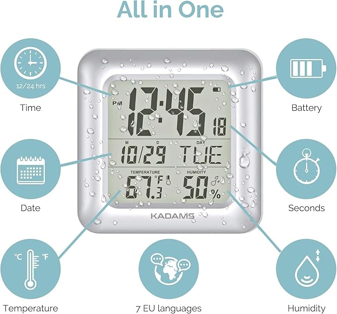 KADAMS Bathroom Digital Clock – Waterproof Shower Wall Clock with Temperature, Humidity & Calendar (Silver)