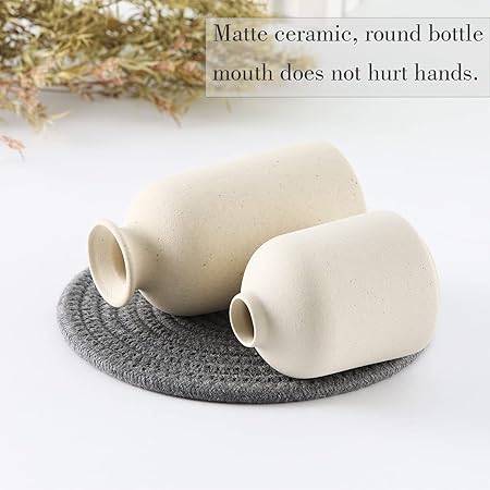 CEMABT Beige Ceramic Vase Set of 3 – Boho Farmhouse Small Decorative Vases for Dried Flowers & Pampas Grass