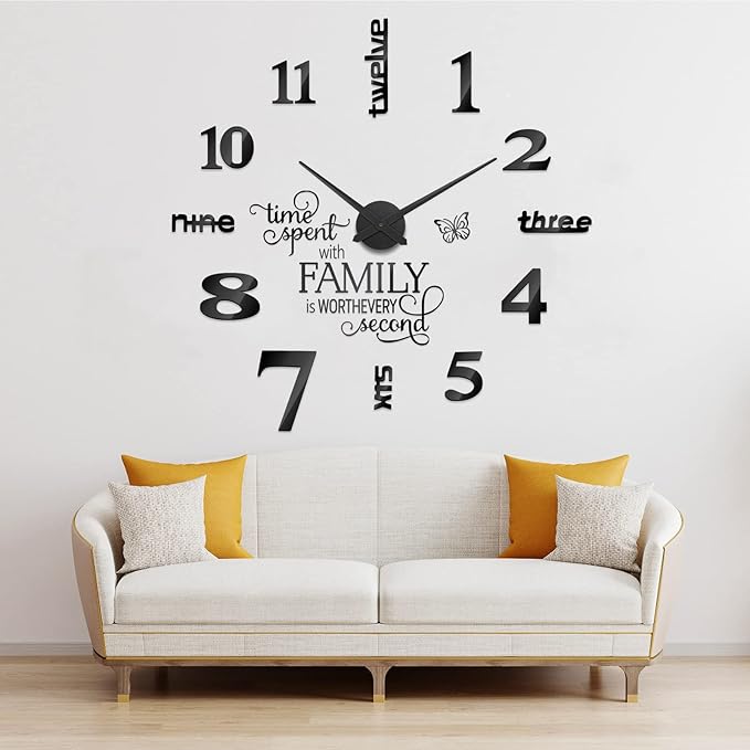 Junkin 3D Large Frameless DIY Wall Clock – Modern Family Quote Sticker Clock Kit (Adjustable Size, Black)