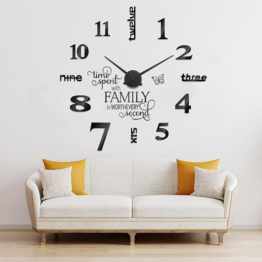 Junkin 3D Large Frameless DIY Wall Clock – Modern Family Quote Sticker Clock Kit (Adjustable Size, Black)