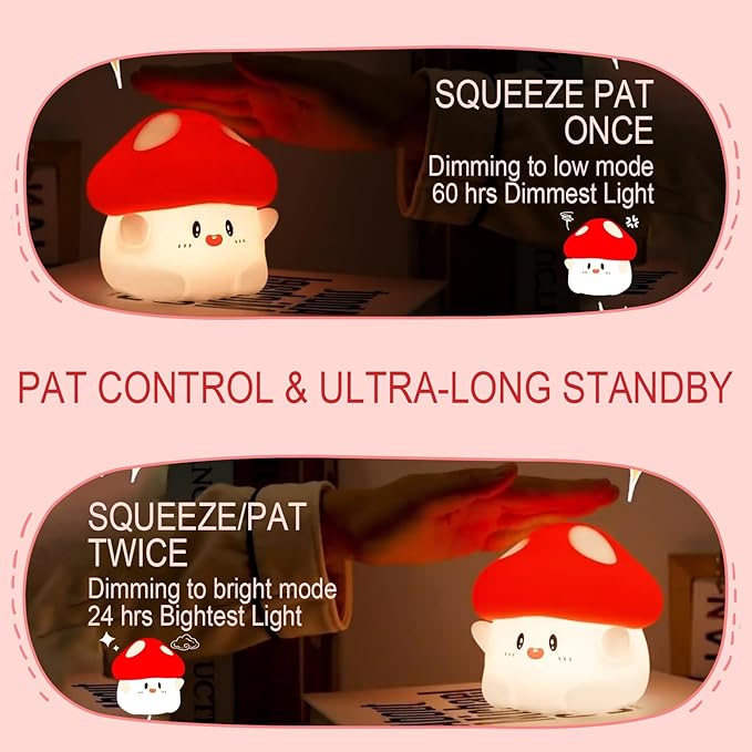 Rytinazzz Mushroom Night Light, Cute LED Squishy Night Lamp, 2 Levels Dimmable, Rechargeable, Timer, White Silicone