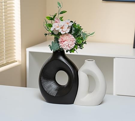 VASETOPIA Ceramic Vase Set of 2 – Minimalist Nordic Hollow Vases (Black/White)