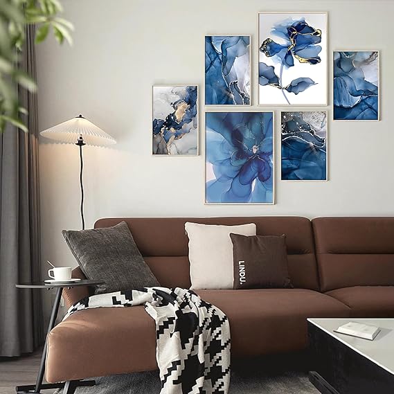 HONEYBABY Blue Floral Canvas Wall Art – Set of 6 Modern Framed Pictures for Living Room, Bedroom, Bathroom, Kitchen &amp; Office Décor