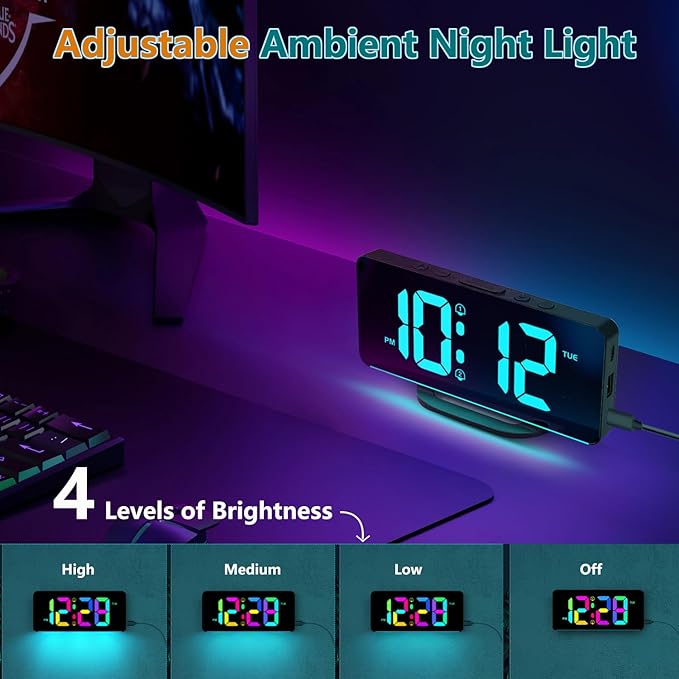 Newest Digital Alarm Clock with 11 Colors & Dynamic RGB Display – Snooze, Auto Dimming, Loud Alarm, USB Charging, Table &amp; Wall Mountable – Kids, Bedroom &amp; Office