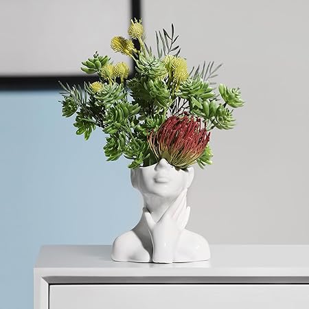 XSMXLNKWL Ceramic Face Vase Hands on Cheeks Design, White Female Form Art Vase, Modern Decorative Centerpiece for Table, Shelf, Living Room, or Office