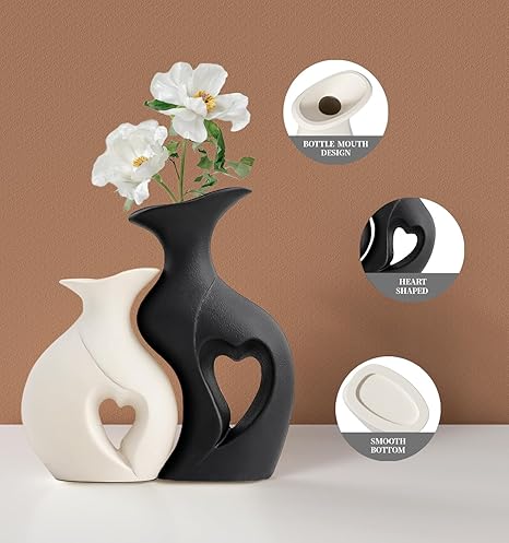 Black and White Heart Shape Ceramic Vase Set of 2 – Modern Boho Hollow Vases | Nordic Minimalist Decorative Flower Vases for Living Room, Shelf, Fireplace &amp; Table Décor