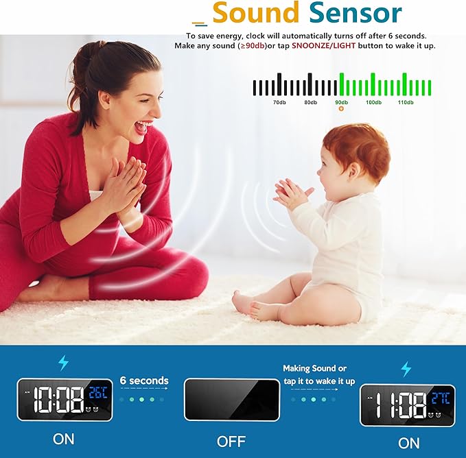 Véfaîî Digital Alarm Clock with Large 5.7" LED Temperature Display, Dual Alarm, Snooze, 4-Level Brightness Dimmer, USB Charging, Battery Backup &amp; Modern Mirror Design – Black