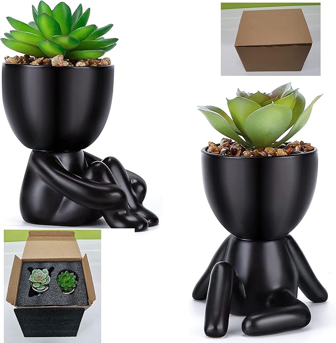 Paifeancodill 2 Pcs Artificial Succulent Plants – Mini Human-Shaped Black Ceramic Pots