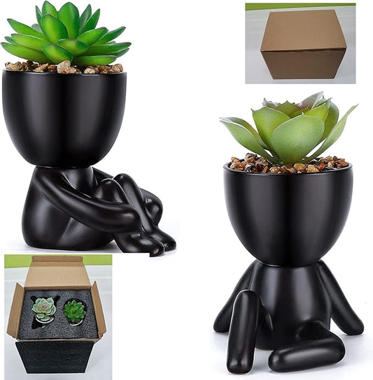 Paifeancodill 2 Pcs Artificial Succulent Plants – Mini Human-Shaped Black Ceramic Pots