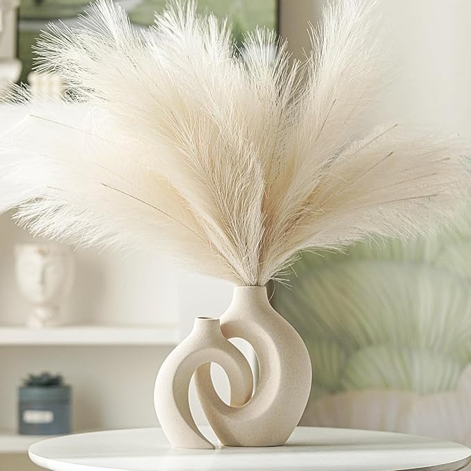 Ceramic Vase Set of 2 – Modern Aesthetic Decorative Vases for Table, Shelf or Mantel (Light Neutral Tone)