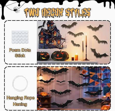 Oolong 12-Pack 3D Hanging Bats Halloween Decorations – Waterproof Flying Bats with Glowing Eyes for Outdoor &amp; Indoor Spooky Decor (3 Styles)