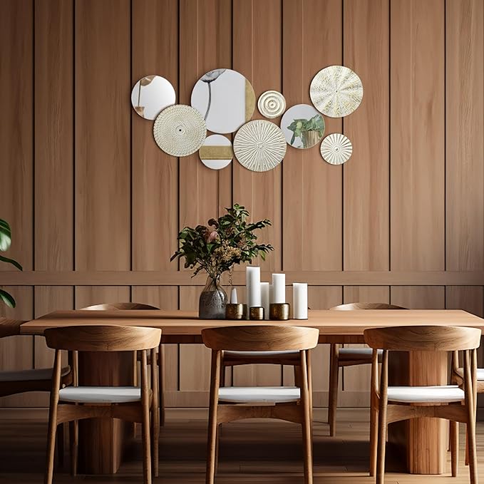 Blulu 9 Pcs White & Gold Mirror Wall Décor – Round Metal Accent Mirrors & Plates, Modern Home Art Sculpture for Living Room, Bedroom, Office