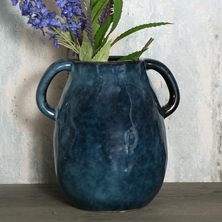 Tanvecle Blue Ceramic Vase with Handles – Rustic Farmhouse Pottery Flower Vase for Home, Dining Table &amp; Centerpieces | 7-Inch Decorative Terracotta-Style Vase