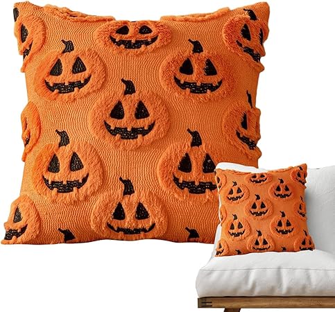 Halloween Pumpkin Pillow Covers – Set of 2 (18x18 Inch) | Retro Orange Decorative Cushion Covers for Couch, Sofa, Porch &amp; Living Room | Cozy Fabric Fall Home Décor