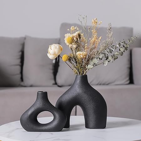 CEMABT Black Ceramic Donut Vase Set of 2 – Modern Matte Round Vases for Pampas Grass | Minimalist Boho Decorative Vases for Living Room, Dining Table &amp; Wedding Décor