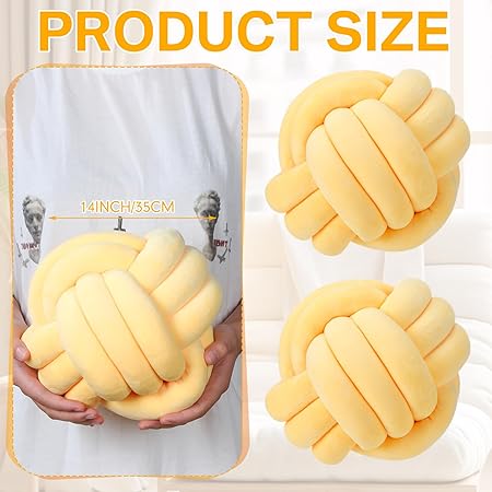 Namalu 2 Pcs Soft Knot Pillow Ball – 8” Light Yellow Plush Decorative Throw Pillows, Handmade Knotted Cushions for Couch, Bed &amp; Home Decor
