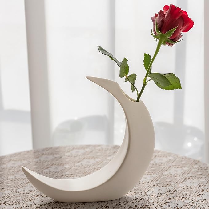 COTYNI White Ceramic Crescent Moon Vase – Modern Minimalist Boho Lunar Flower Vase for Home Décor, Living Room, Table Centerpiece, and Wedding Gift