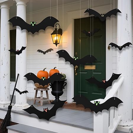 Oolong 12-Pack 3D Hanging Bats Halloween Decorations – Waterproof Flying Bats with Glowing Eyes for Outdoor &amp; Indoor Spooky Decor (3 Styles)