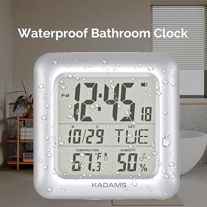 KADAMS Bathroom Digital Clock – Waterproof Shower Wall Clock with Temperature, Humidity & Calendar (Silver)
