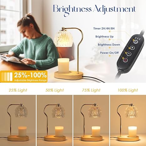 Soilsiu Candle Warmer Lamp with Timer & Dimmable Light – Wooden Base (Includes 2 x 50W Bulbs)